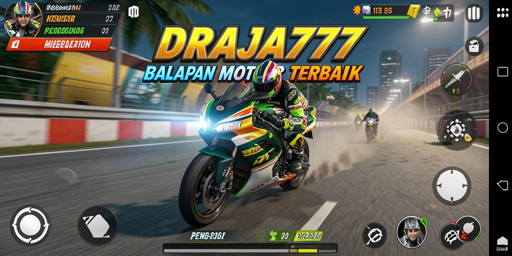 Screenshot gameplay DRAJA777 dengan aksi balapan motor yang mendebarkan.