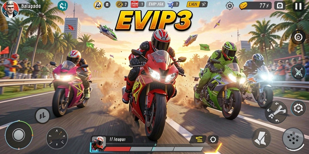 Tampilan gameplay menarik di EVIP3 dengan balapan motor yang mendebarkan.