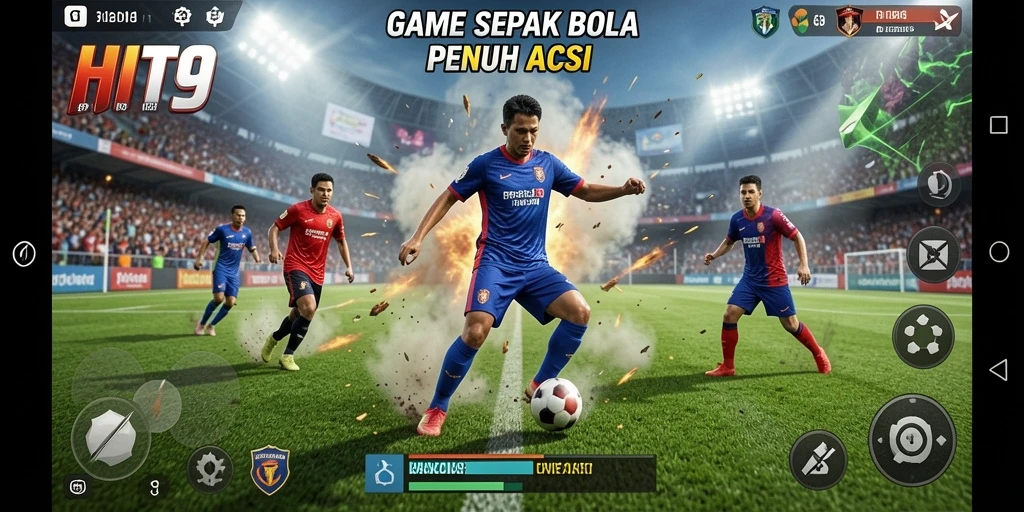 Screenshot gameplay HIT9 yang menunjukkan aksi pertandingan sepak bola yang mendebarkan.
