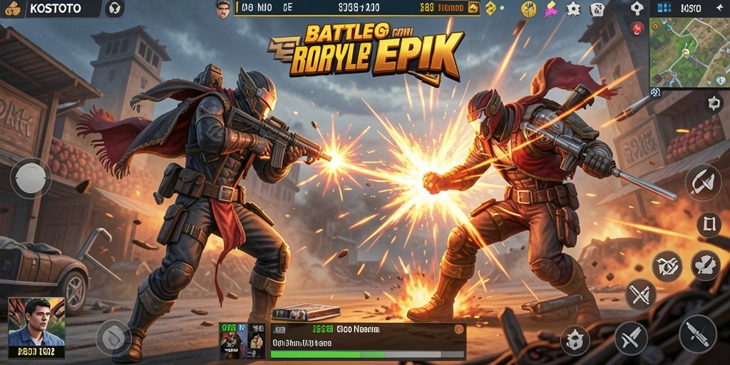 Tangkapan layar menunjukkan aksi epik dalam KOSTOTO dengan gameplay Battle Royale yang seru.