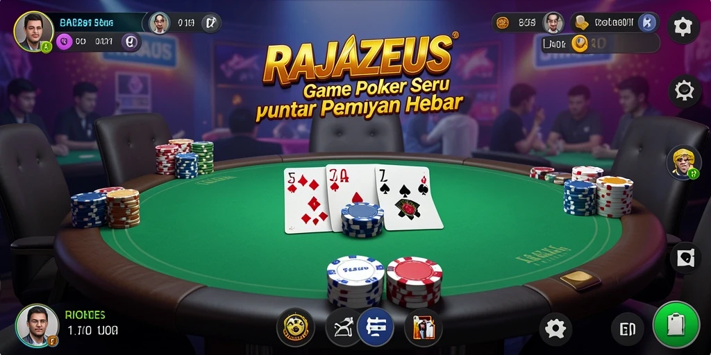 Tampilan gameplay seru dalam aplikasi RAJAZEUS yang menghadirkan poker asli.