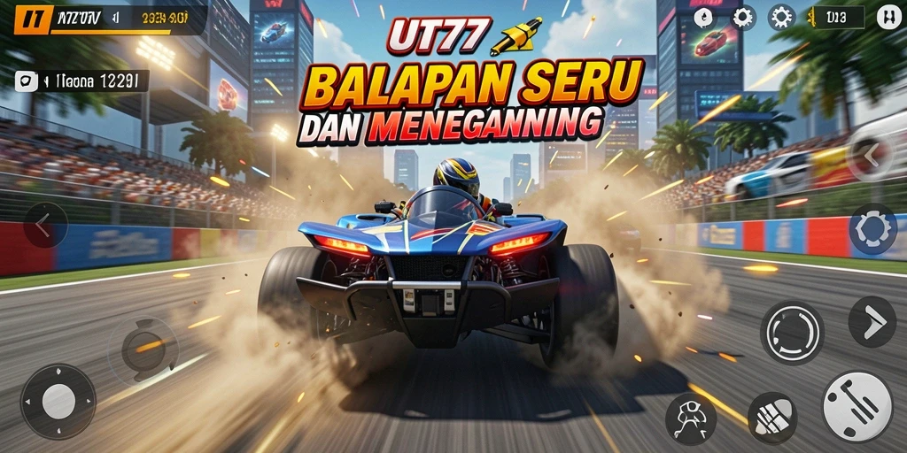 Gameplay UT77 menampilkan balapan seru dengan variasi trek menantang.
