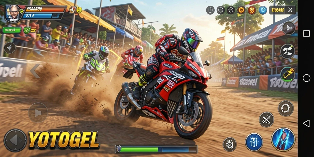 Tampilan gameplay menegangkan dalam YOTOGEL saat balapan motor.